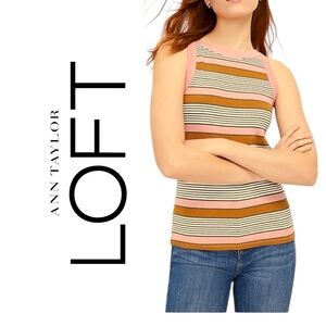 LOFT Stripe Stretch Tank Top Ribbed Cotton Knit Brown Peach Hunter White Size XS